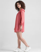 Light Red Chiffon Dress with V-Neck